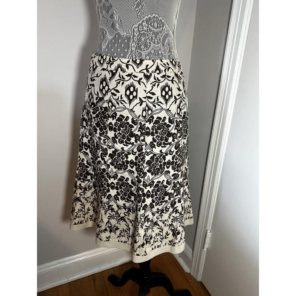 Caroll French Linen Boho Geometric Floral A-line Skirt Sz: 38 Brown Woven